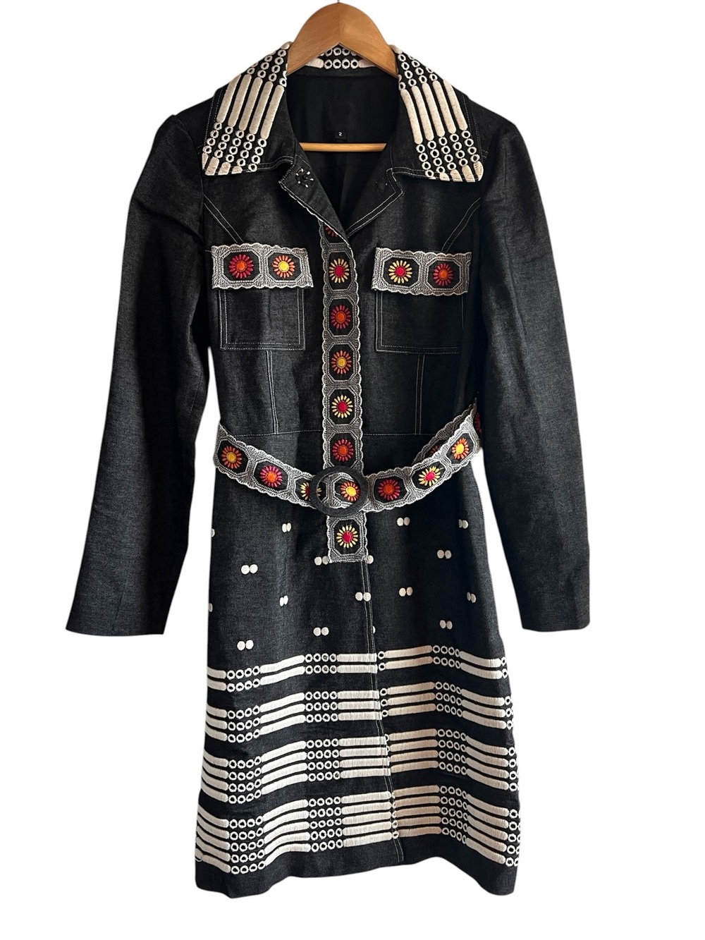 Anna Sui embroidered long line belted light denim jacket excellent condition